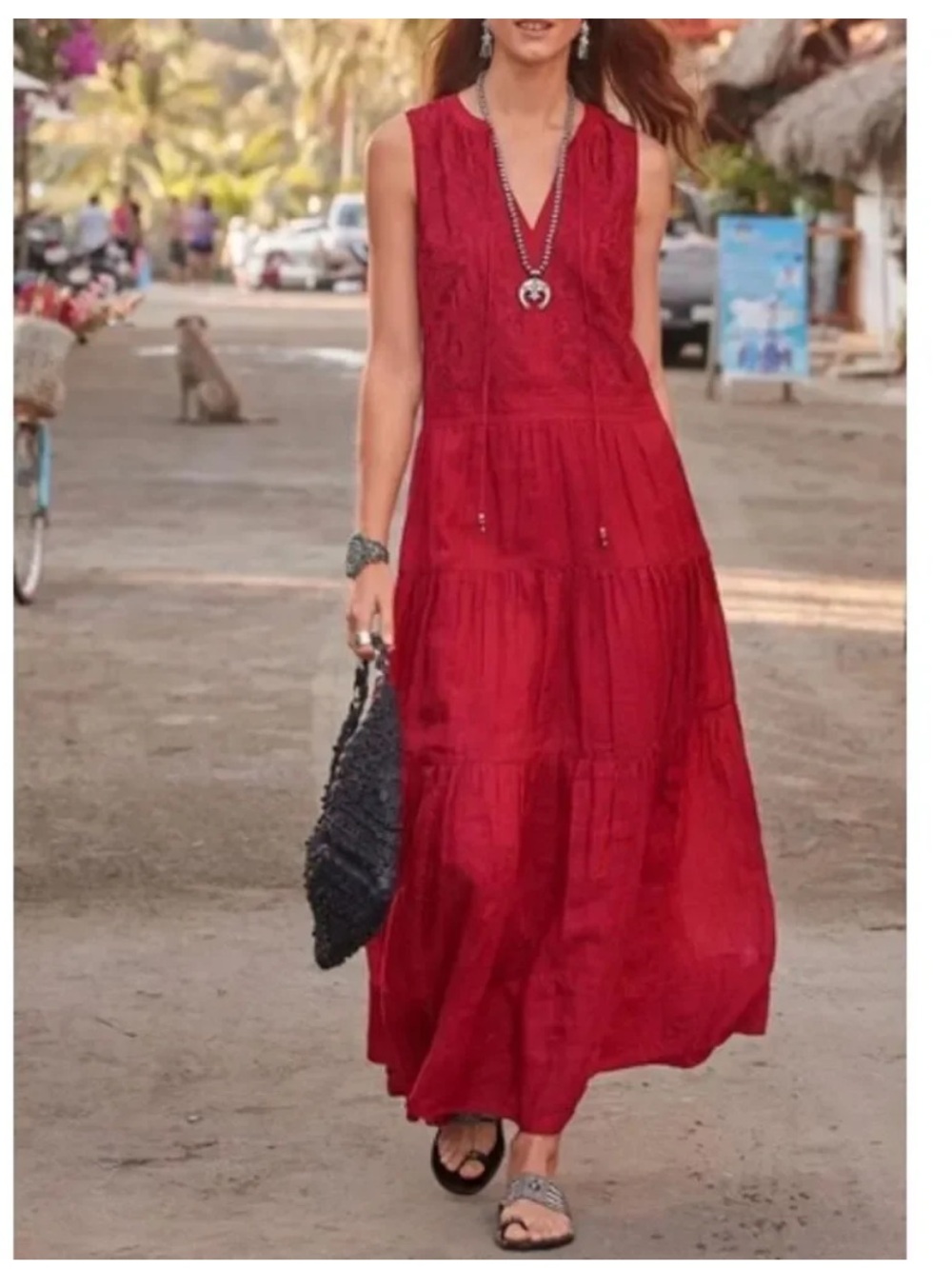 Sundance Red Pleated Verity Emboridered Tiered Maxi Dress